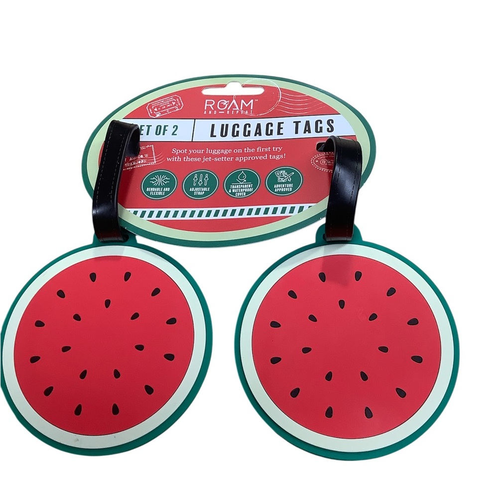 Roam and Repeat Luggage Tags, Round Watermelon Set of 2 NWT
